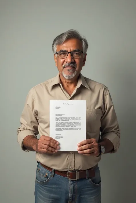 A slightly unattractive Indian man 35-year-old man with thinning hair standing while holding his job joining letter.

