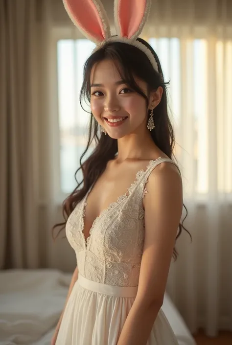  insanely cute  ， Hairstyle wearing a bunny ear headband，Standing in a bright room,smile, white dress, PREMIUM LOW BREASTED WEDDING DRESS LACE LONG SKIRT IN DIFFERENT COLOR STYLE，showing off 42 inch long legs  ， full body， (Real Pictures，     Highest quali...