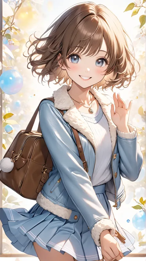 16K brown hair, short hair,  old high school girl, super delicate, pale blue knit leather jacket, brown middle boots, bag with fur, super delicate short flare skirt necklace background, super delicate white removal, date hair, smile up, super cute gesture 