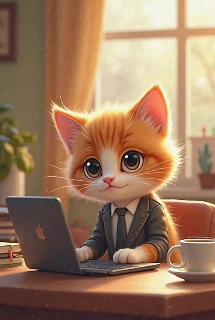 A cute cartoon kitten wearing a tiny suit, sitting at a desk, typing on a laptop with a coffee mug beside it, animated in a playful style."**
