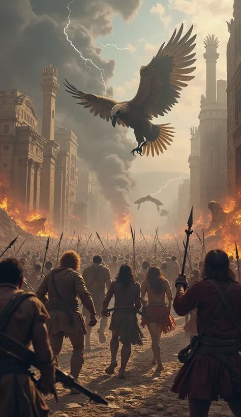 An epic battle scene in the ruins of a city. Armed humans with makeshift weapons face off against a massive army of lions, bears, and eagles. Smoke and fire fill the background, lightning flashes in the sky. The intensity is at its peak, capturing the clim...