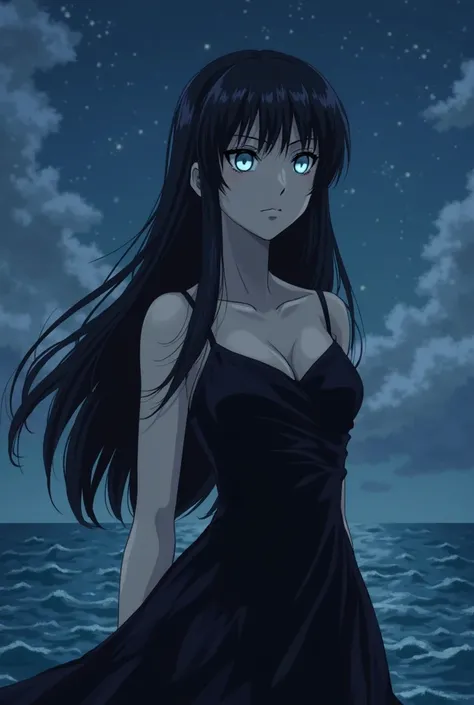 A beautiful woman. She has long straight black hair. She has light blue eyes. She is wearing a royal black dress. She is standing in front of an ocean at night. She has a serious and cold expression on her face. In the 2d style of the anime The Seven Deadl...