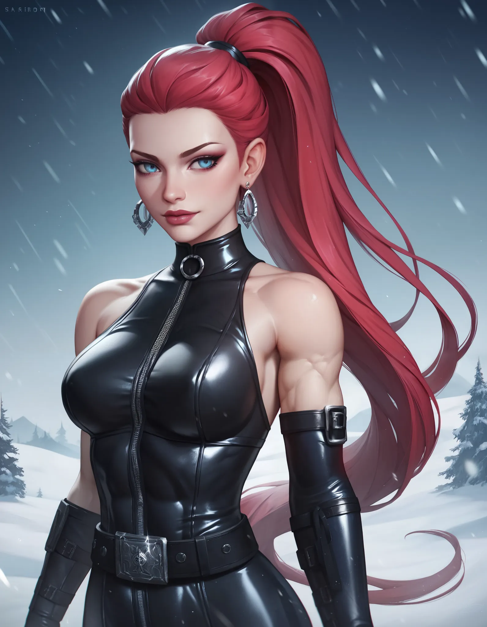 female black sleeveless latex bodysuit, black belt, racerback, bare shoulders, long gloves, black gloves, toned arms, beautiful faces, crimson ponytail with showing forehead, long ponytail, earrings, soft smooth skin, pale skin, night snow background, blue...