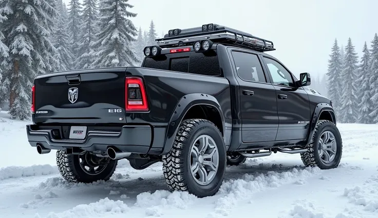 "Stunningly realistic 3D render of the rear left side view of a colossal, heavily armored 2025 RAM 1500 pickup truck  designed for off-road adventures. The pickup truck  with silver-colored wheels and reinforced metal panels. The rear features roof-mounted...