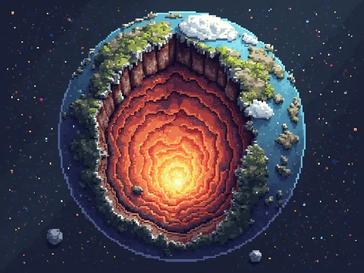 I like the style but I want an image with that style and pixel art but as if you were cutting planet Earth in half and you could see its layers and minerals and fossils