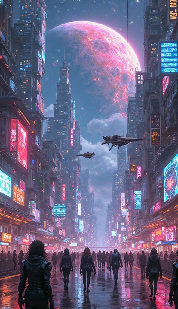 A neon-lit cyberpunk city with flying cars, holographic billboards, and people wearing futuristic suits, set against a starry night sky with a giant planet in the background