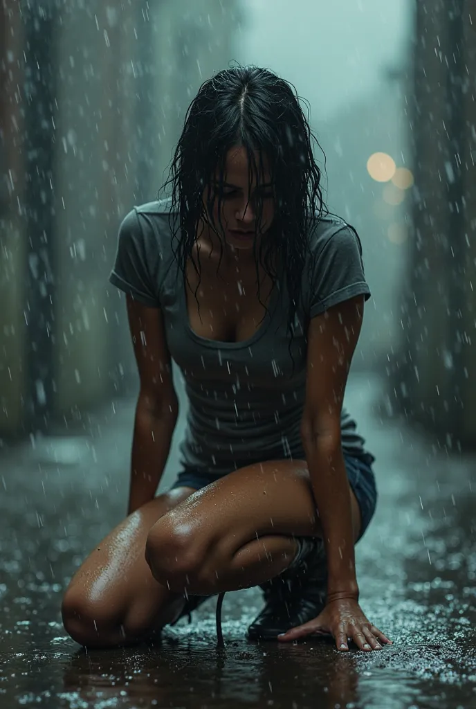 a fallen woman kneels in rain-soaked anguish, wet, translucent, t-shirt, shorts, boots, dramatic, emotional, pouring rain, cloudy, gloomy, dark bokeh background, by Boris Vallejo art, 8k, light brown skin tone, bulky gym body