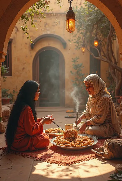 Please create a picture of the sugar festival for me, So from the festival, That celebrates the end of Ramadan in Tunisia in a Tunisian house in the courtyard of a Tunisian house with a grandma, sitting on the floor, and brews tea, Play with ren. A woman w...