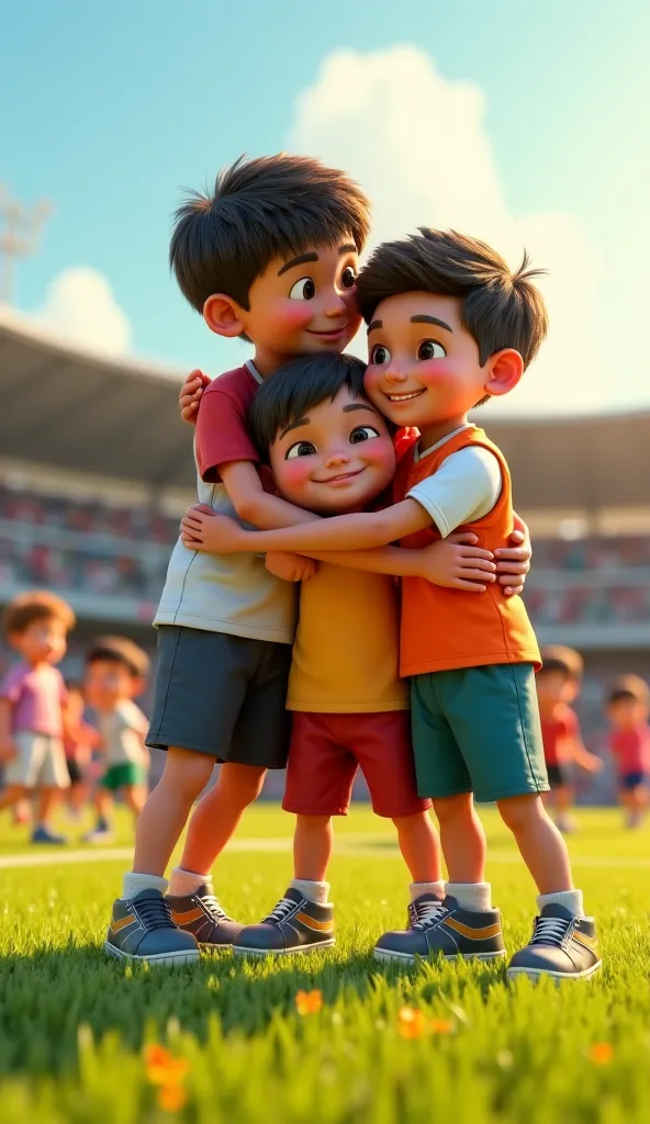 ((masterpiece, highest quality, Highest image quality, 3D animation, cartoon, High resolution, photoRealistic, Raw photo, Extremely detailed CG unified 8k wallpaper)), two boys hugging his parents, wearing sportswear, location on the field with many other ...