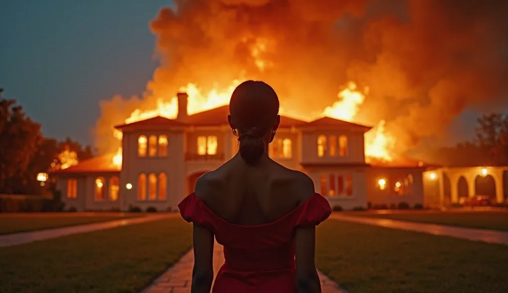 The night sky is illuminated by raging flames consuming a massive, luxurious mansion. Thick smoke curls toward the heavens, A stunning Nigerian woman with smooth, brown skin stands in front of s burning mansion wearing a off shoulder deep red dress. Her sl...