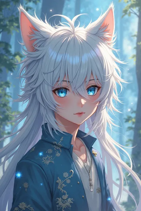 Anime boy character,  Kitsune,  with white hair, long hair, fringe,and blue eyes.