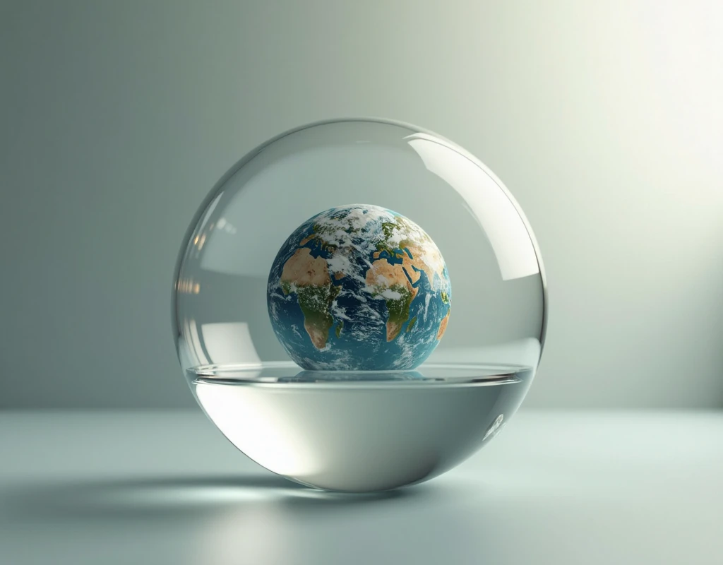 Clear glass sphere, Inside is the miniature earth soft smooth lighting, soft colors, 100mm lens, 3d blender render 