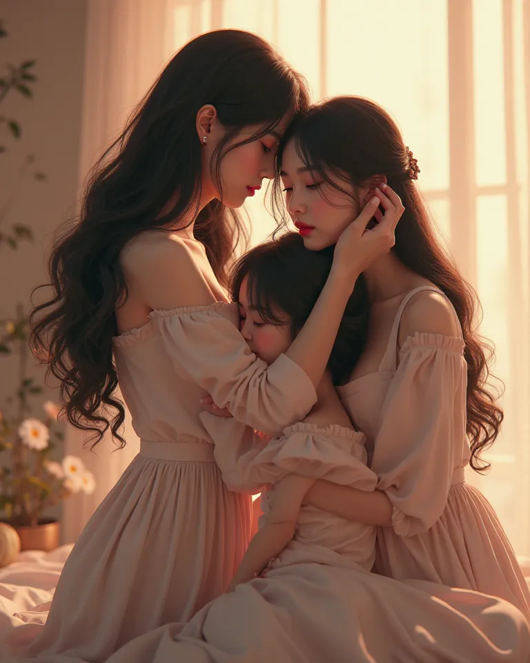 	•	Woman C: A K-pop idol with deep, dark, flowing waves beyond her hips. She is tying the other side of A’s hair while embracing B from behind, resting her head gently against B’s shoulder.