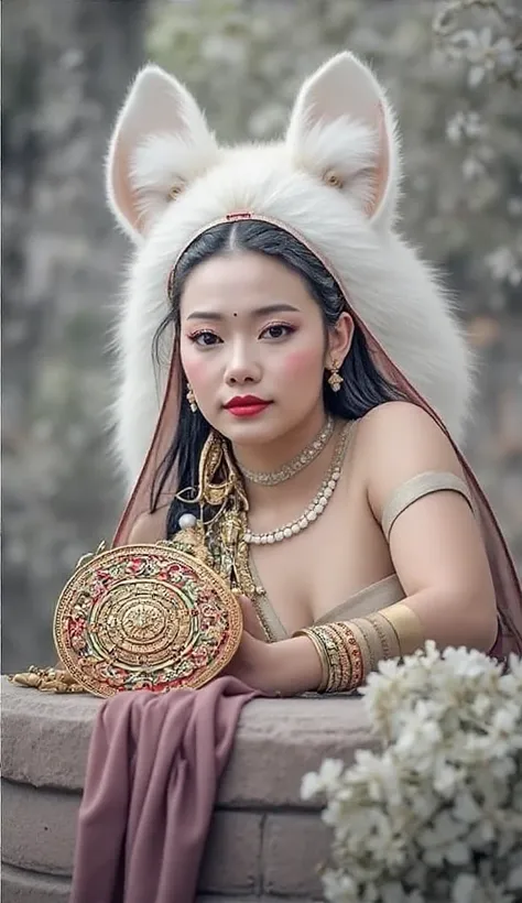 Traditional Chinese Culture, 1 person, White fox, Fox Fairy, characteristic, Exquisite and beautiful face, Wearing a white lion&#39;s head, Dancing with her hands, Festive