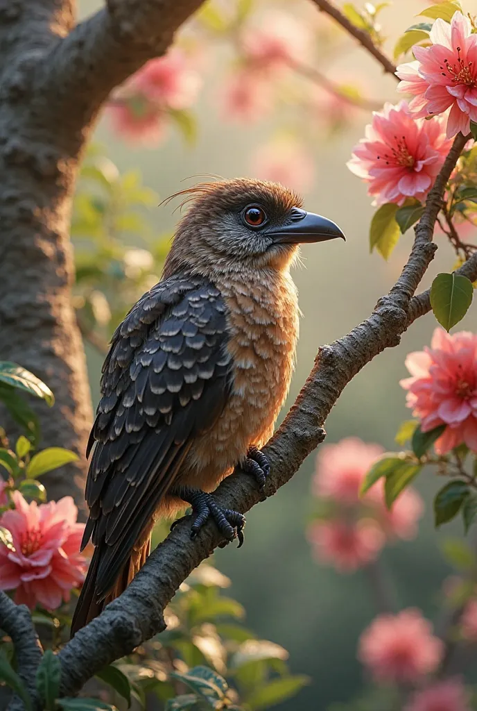 Javan frogmouth bird on the japanese flowers trees realsitc 