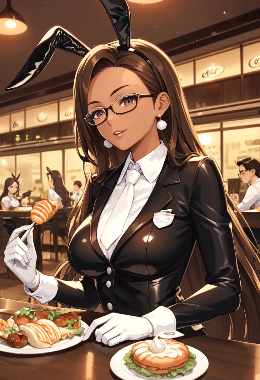 score_9, score_8, score_7, score_6,       source      _        animated, 1mature_FE,  a woman,  dark brown skin ,   flirty look,  dark brown hair,   very long hair,   brown eyes ,   thin glasses ,   black latex suit  ,   black rabbit ears , white tie,    w...