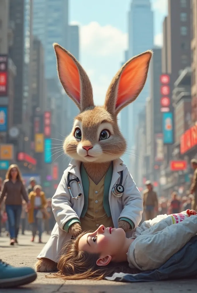 A human shaped rabbit doctor saving a patient in the middle of the city 