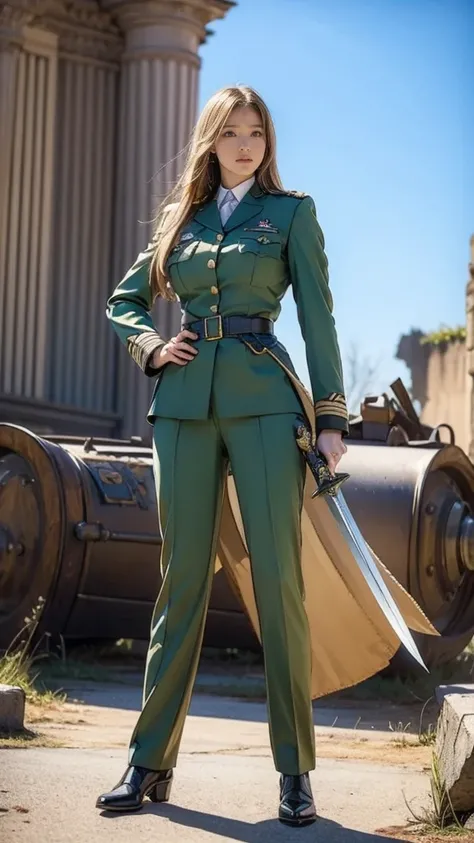  green military uniform,  , General, Adult Female,big breasts,  long blond woman solidifying herself in armor,Serious Faces,（,  Taken from a Distance  :1.5，full body），（ detailed eyes ，  sky blue eyes），（、Huge Two-Handed Sword ， tank，cannon，Ruins，Hand in Han...