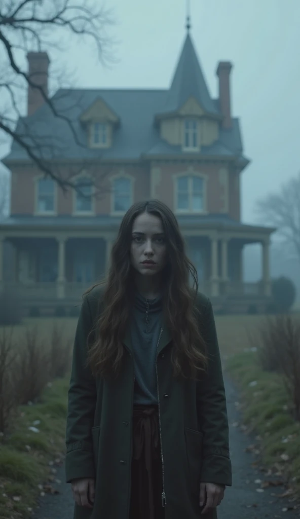 Emma stands outside the mansion, breathing heavily, with the cold fog surrounding her.
The house looms in the background, its windows dark, while the voice of the ghost seems to echo in the air.
Emma looks haunted, realizing she now carries the ghost’s bur...