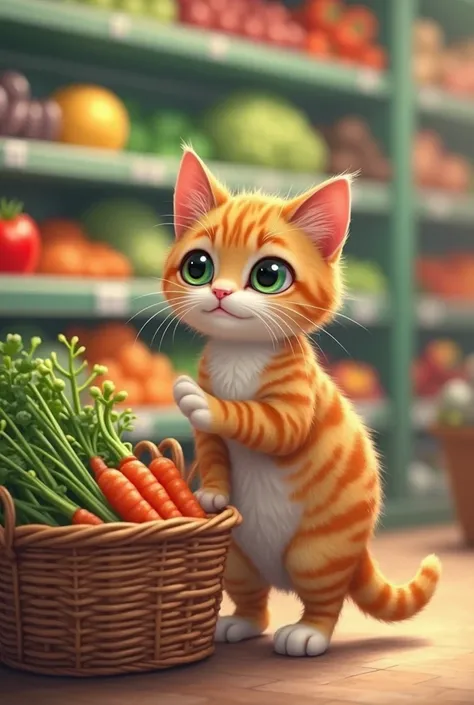 "A whimsical tabby cat with soft orange and white fur, bright green eyes, and a curious expression stands on its hind legs in a colorful grocery store aisle. The cat is thoughtfully examining fresh vegetables, like carrots, celery, and tomatoes, with one p...