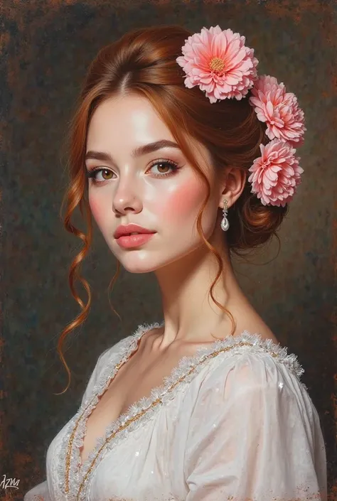 an oil  pastel , stylish hand drawn a beautiful malay young woman, fair skin, nice makeup , styled in the manner of classical or romantic portraiture, with auburn bun's hair adorned with pink flowers. The background is a dark, muted tone. she’s wearing whi...