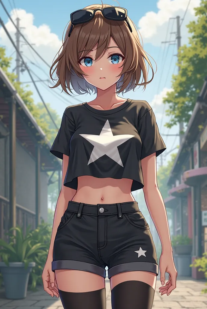 A girl with short brown hair that reaches her neck. Black crop top with a white star in the middle. Short shorts black with black tights. Blue eyes and sunglasses on the head. Realist