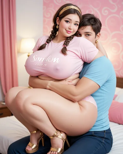 plus size women, 20 years old, very voluptuous body, so buxom, so plump, so busty, so thick, chubby, huge breast, big hips, big thigh, so huge ass, very beautiful face, pink lips, braids hair style, gold lace headband, gold earring, tight light white and p...