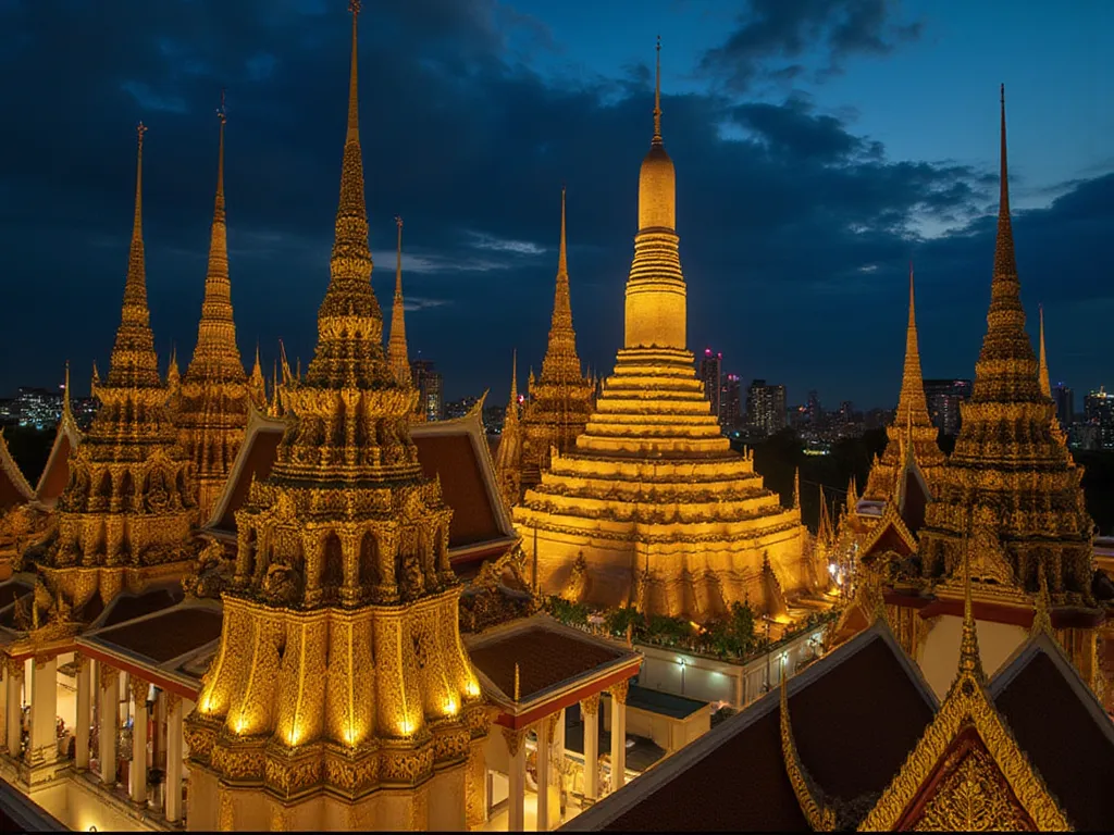 Grand, illuminated temples of the Grand Palace, Bangkok.  Golden spires and intricate architecture dominate the scene, set against a deep, twilight blue sky.  Ornate, golden roof structures, rich in detail, are meticulously crafted.  The palace complex dis...