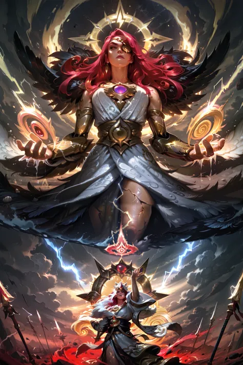 masterwork, masterpiece, best quality, dynamic lighting, game poster, 5 figures, Zeus with white hair, lightning bolt, gold crown, white toga, Odin with eyepatch, raven feathers, Gungnir spear, cybernetic arm, Thor with red hair, Mjölnir hammer, fur cape, ...