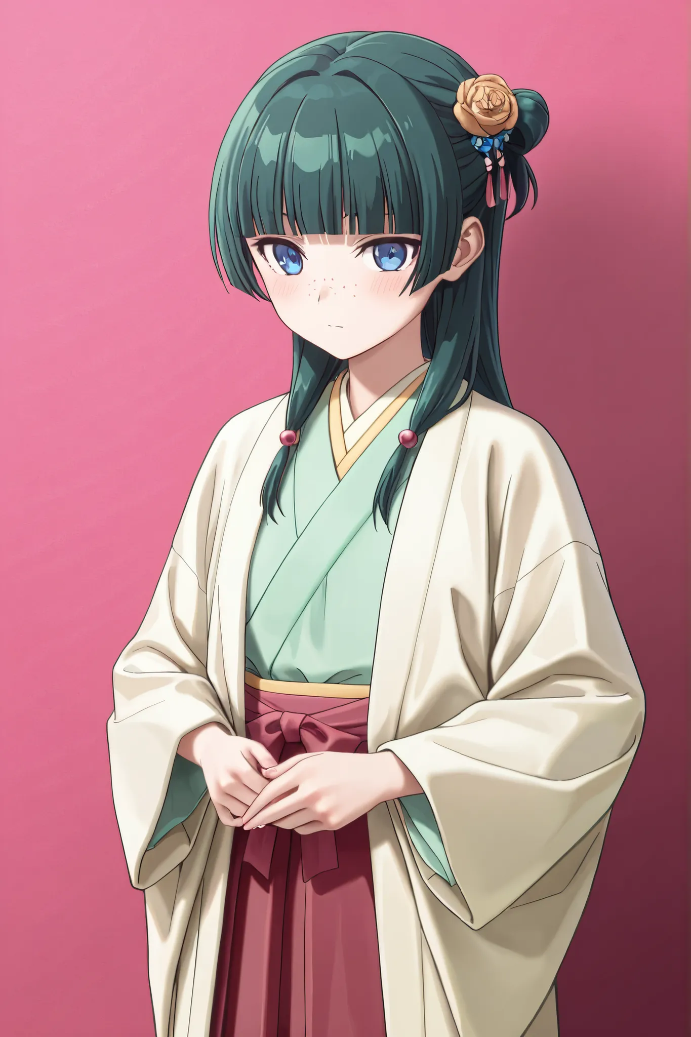 NSFW,masterpiece,Highest quality,high resolution,very detailed,Cat\( one by one person at the drugstore\),long hair、bangs、 blue eyes、hair ornaments close to the garden、 green hair、鈍いbangs、 freckles、 bun hair, single bun, kimono,robe、緑のrobe、 Long Sleeve、wid...