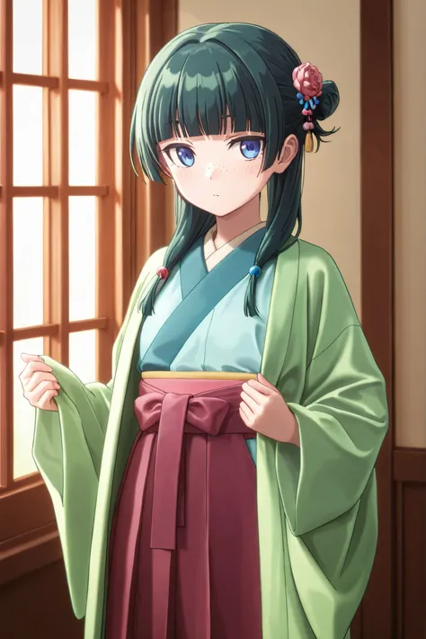 NSFW,masterpiece,Highest quality,high resolution,very detailed,Cat\( one by one person at the drugstore\),long hair、bangs、 blue eyes、hair ornaments close to the garden、 green hair、鈍いbangs、 freckles、 bun hair, single bun, kimono,robe、緑のrobe、 Long Sleeve、wid...