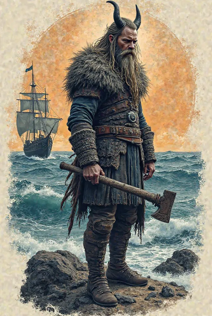 Tattoo sketch, a Viking with long hair without an average, horned helmet against the sea as a backdrop with a drakkar and, he is holding an ax  