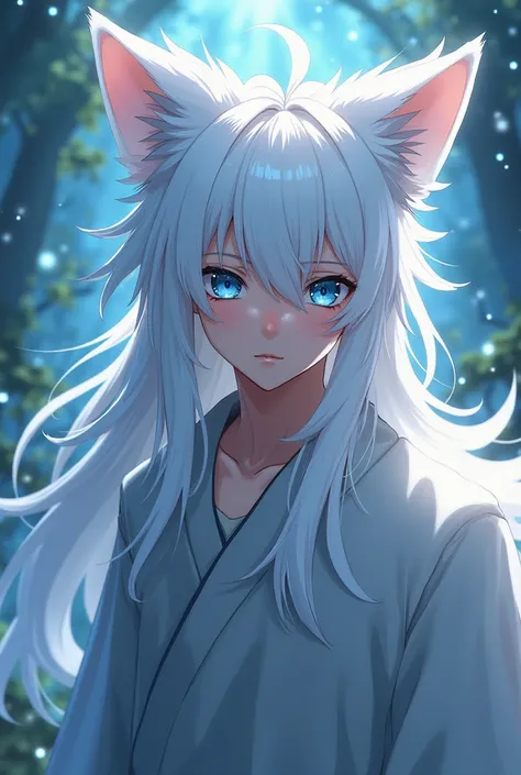 Anime boy character,  Kitsune,  with white hair, long hair, fringe,and blue eyes.