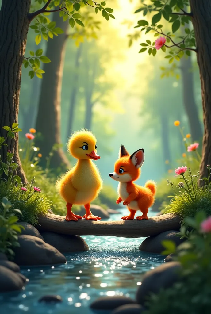 Third Image Prompt:

The duckling and the fox kit walk together through a lush forest, crossing a small bubbling stream. The duckling carefully steps on the stones while the fox kit follows nervously. Sunlight filters through the trees, casting a magical g...