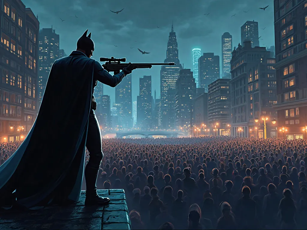 Image Prompt:
"A large crowded program is going on in Gotham City, where the mayor is addressing the public. Police and security personnel are posted all around. Suddenly, a sniper of a sniper from the roof of a dark building ,3D cartoon animation