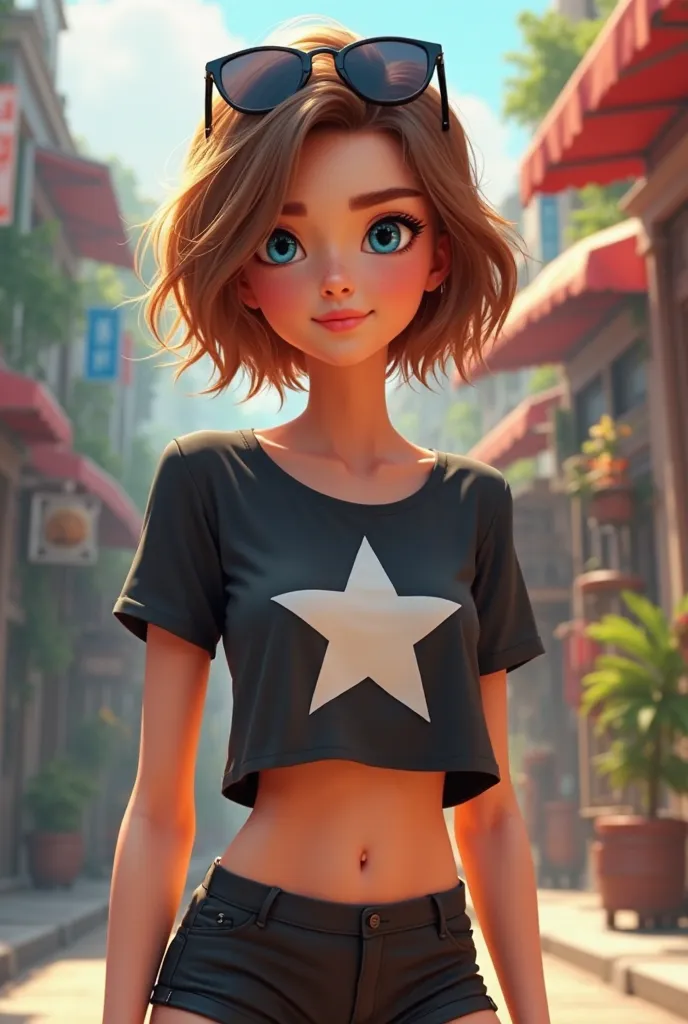 A girl with short brown hair that reaches her neck. Black crop top with a white star in the middle. Short shorts black with black tights. Blue eyes and sunglasses on the head. Realist animation