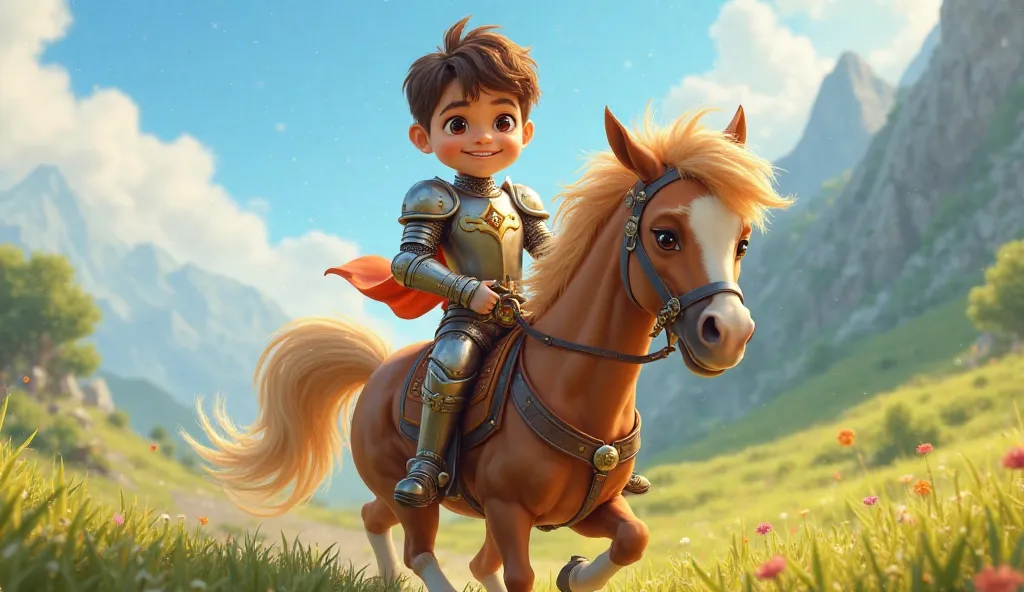 Create a Pixar Cartoon style image OF A BOY IN KNIGHT ARMOR ON TOP OF A HORSE