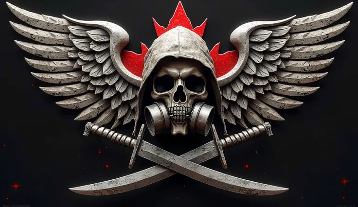 A highly detailed, photorealistic emblem of a Canadian mercenary unit. At the center, an aggressive, battle-worn skull wearing a tactical gas mask with dark lenses and rugged filters, partially concealed beneath a tattered, shadowy hood. The skull is flank...