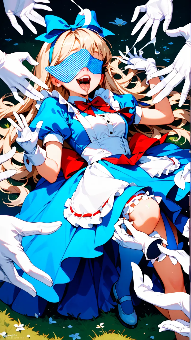 nsfw,  Alice in Wonderland, focus on girls, one girl, Alone, Front , full body,  ahegao, Many Hands,  white gloved hands , tickled by  white gloved hands , Multiple white gloves,Hand with white gloves touching a girl's face、Hand with white gloves touching ...