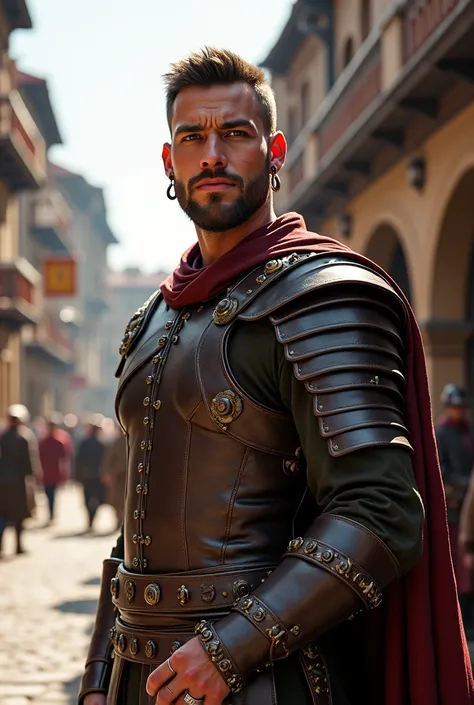 Medieval clean shaven male wearing leather armor wearing fancy rings on his all his fingers, and  hoop earrings with a medieval city street in the background 