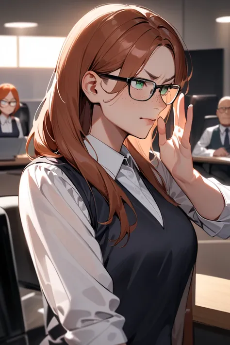 (1 woman) (conservatively dressed) mature slender dressed in conservative office clothing, mature, business, freckles, ginger hair, glasses, serious, architect, green eyes, smug