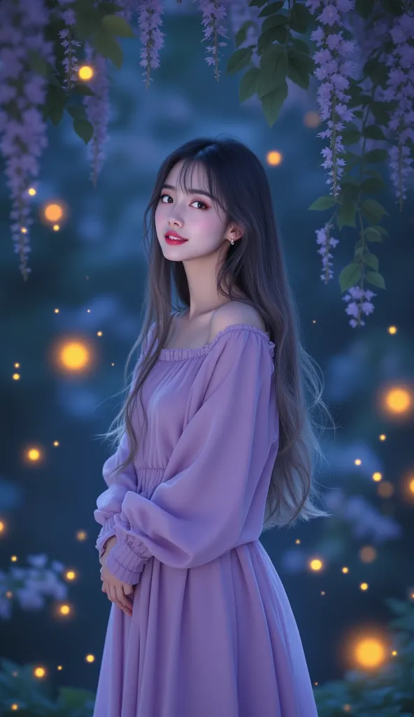 Portrait A Thai Korean woman Beautiful cute face with soft smile Long straight hair with bangs in purple-grey ombre color Wearing a soft purple lolita dress Standing among the flowers hanging upwards Fireflies sparkle in the beautiful night sky