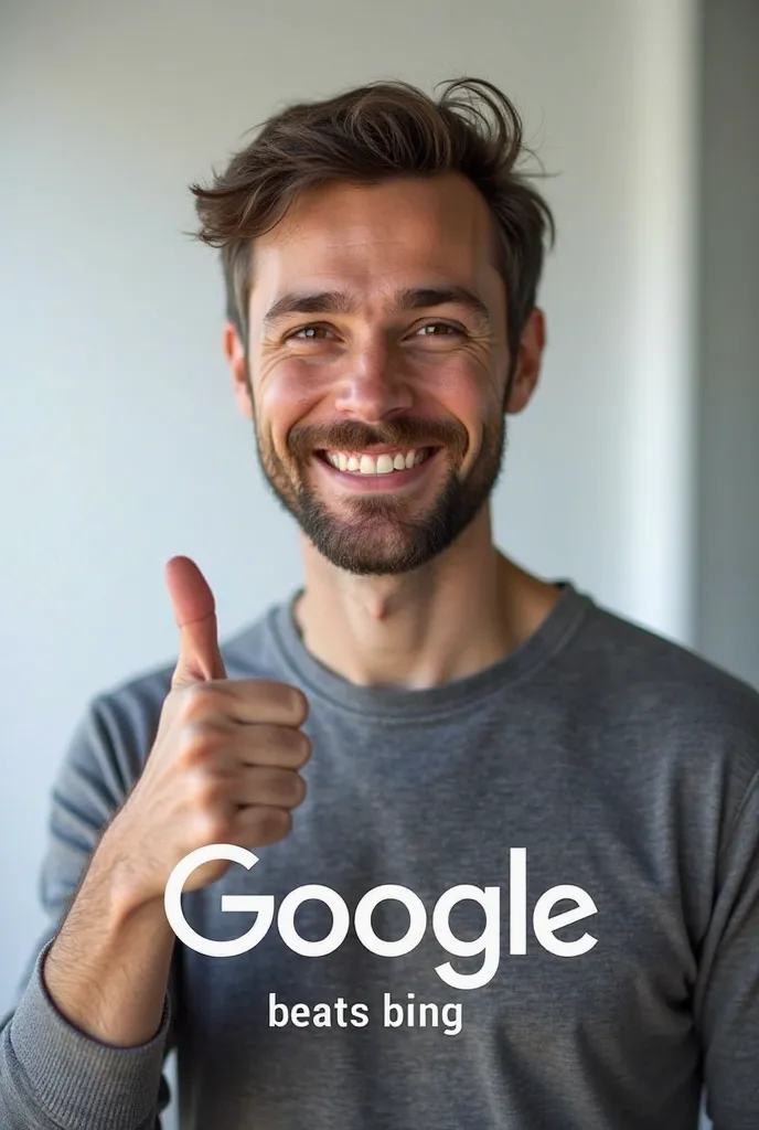 A new website of Google 2, with an image of smiling man with his finger thumbs up and a slogan "Beats Bing" below it's title.