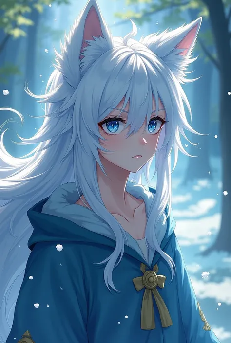 Anime boy character,  Kitsune,  with white hair, long hair, fringe,and blue eyes.