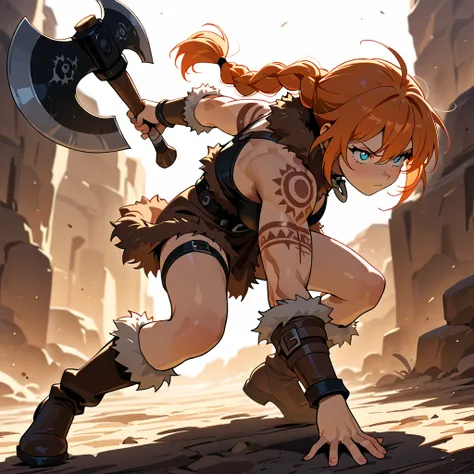 (masterpiece), best quality, newest, absurdres, highres, perfect anatomy, 1girl, artist: (PurpleStar108), Orange hair, hair tied in a medium braid, light blue eyes, holding a large double-edged axe with both hands, correct axe position, correct grip positi...