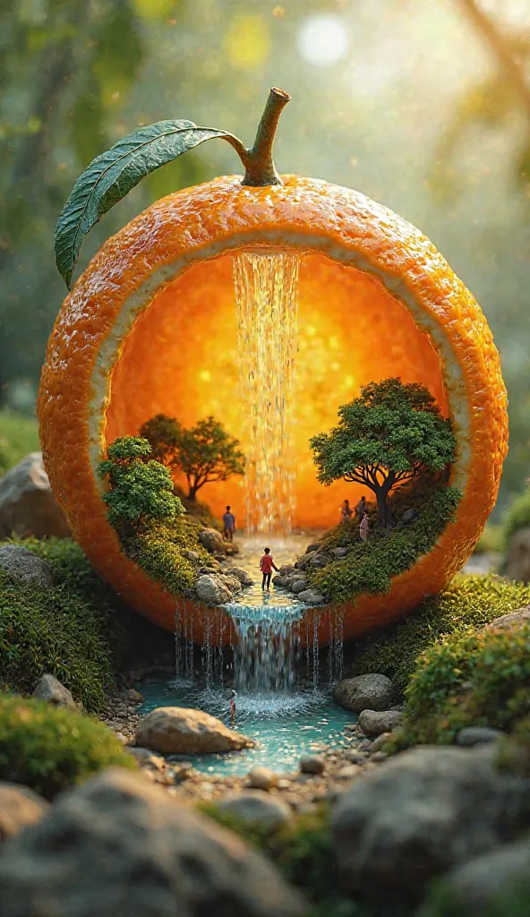 A surreal fantasy scene featuring a giant, halved orange transformed into a miniature ecosystem. Inside the orange, a tiny waterfall cascades down from the fruit’s juicy pulp, creating a shimmering pool at the bottom. The landscape within the orange includ...