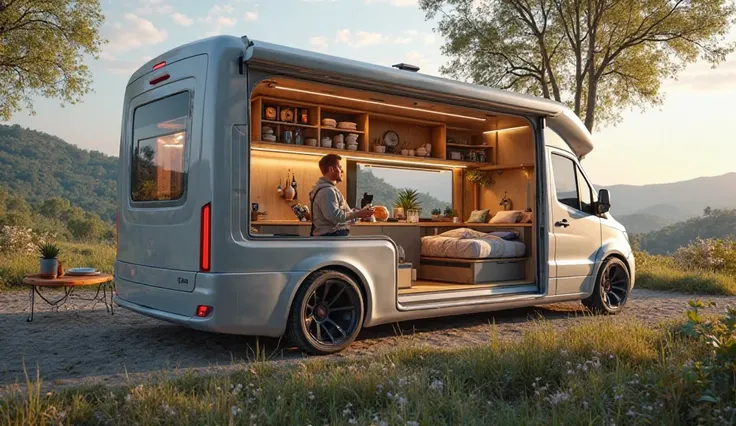 Kitchen and bedroom view of 2025 Mercedes camper man