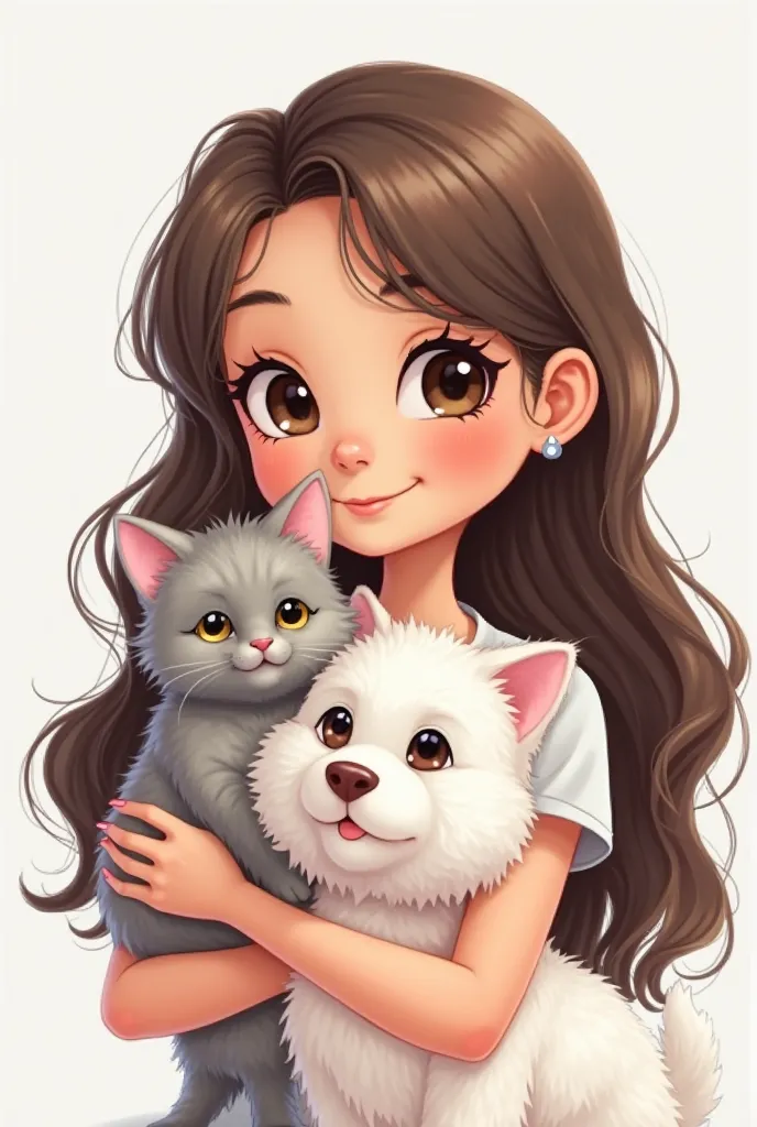 A cartoon of a girl with her two pets: the girl has very long brown hair, her eyes are dark brown, her eyebrows are very black, her cat is a baby and has a pink nose, her color is light gray and her dog is white, she is very fluffy and her nose is very pin...