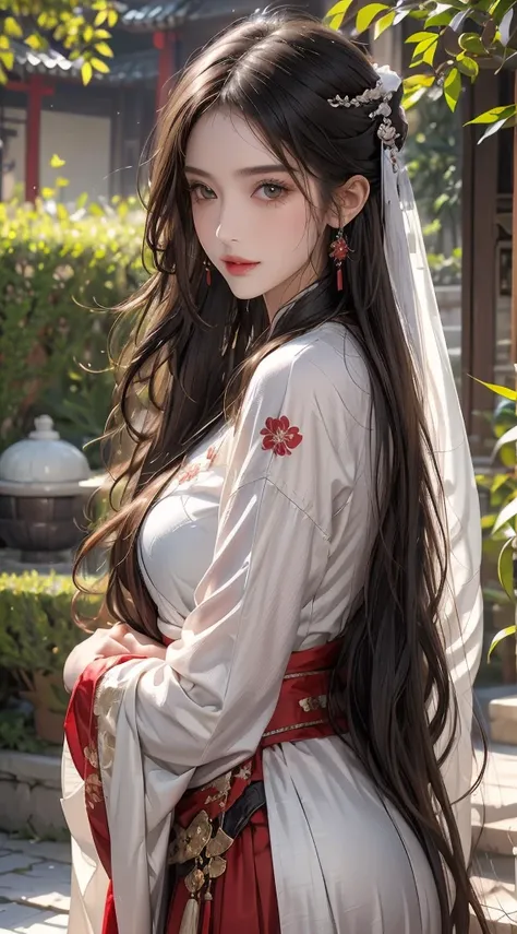 realistic photo, high resolution,  1 female,  hips up , beautiful eyes,  long hair, Red eye circles , Jewelry, Tattoo, Hanfu, Chinese Fairy, Taoist clothing