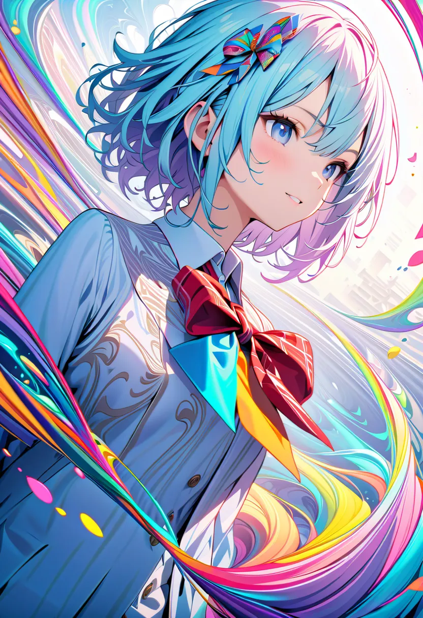 ( masterpiece, top quality,  official art :1.2), ( colorful ), perfect anatomy, Look at the audience,A girl,  alone, white background, floating  colorful  water,  ultra-high definition illustration , very detailed, Dynamic Angle,  Beautiful detailed , 8k, ...